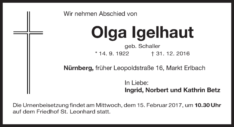  Traueranzeige für Olga Igelhaut vom 13.02.2017 aus Gesamtausgabe Nürnberger Nachrichten/ Nürnberger Ztg.