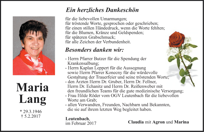  Traueranzeige für Maria Lang vom 18.02.2017 aus Neumarkter Nachrichten Lokal