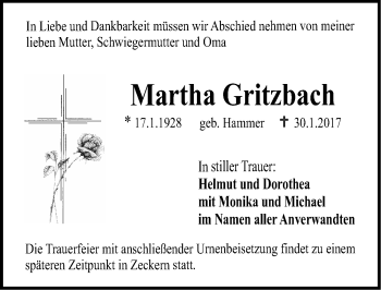 Traueranzeige von Martha Gritzbach von Nordbayerische Nachrichten Herzogenaurach Lokal