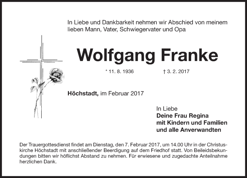  Traueranzeige für Wolfgang Franke vom 06.02.2017 aus Nordbayerische Nachrichten Herzogenaurach Lokal