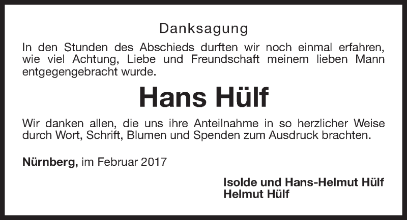  Traueranzeige für Hans Hülf vom 17.02.2017 aus Gesamtausgabe Nürnberger Nachrichten/ Nürnberger Ztg.