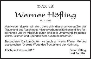 Traueranzeige von Werner Höfling von Gesamtausgabe Nürnberger Nachrichten/ Nürnberger Ztg.