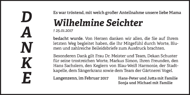 Traueranzeige für Wilhelmine Seichter vom 11.02.2017 aus Fürther Nachrichten Lokal