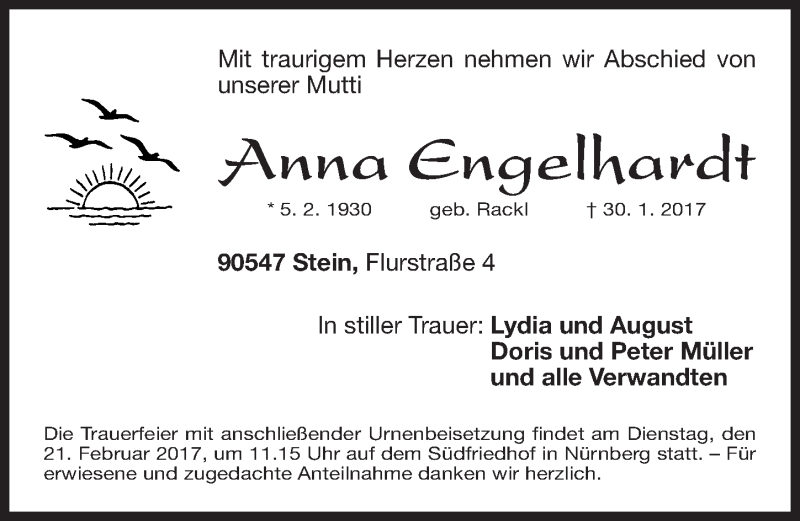  Traueranzeige für Anna Engelhardt vom 15.02.2017 aus Gesamtausgabe Nürnberger Nachrichten/ Nürnberger Ztg.