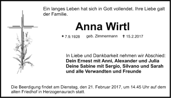 Traueranzeige von Anna Wirtl von Nordbayerische Nachrichten Herzogenaurach Lokal
