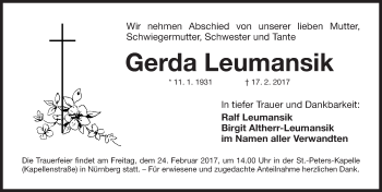 Traueranzeige von Gerda Leumansik von Gesamtausgabe Nürnberger Nachrichten/ Nürnberger Ztg.