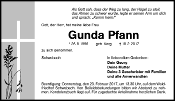 Traueranzeige von Gunda Pfann von Schwabach