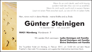 Traueranzeige von Günter Steinigen von Gesamtausgabe Nürnberger Nachrichten/ Nürnberger Ztg.