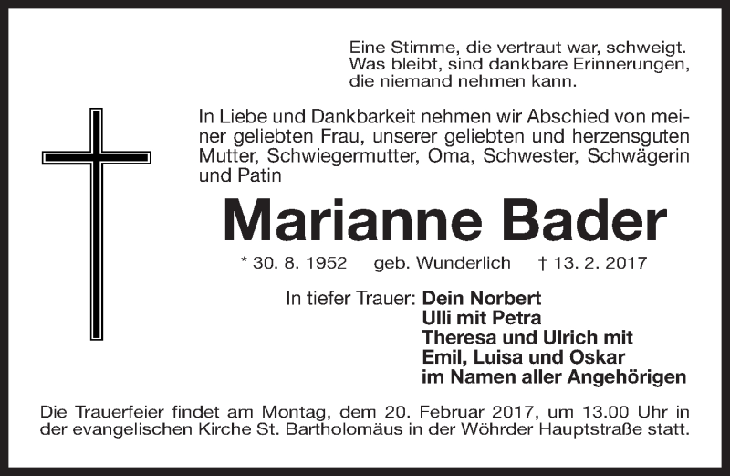  Traueranzeige für Marianne Bader vom 18.02.2017 aus Gesamtausgabe Nürnberger Nachrichten/ Nürnberger Ztg.