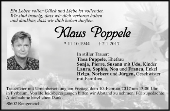 Traueranzeige von Klaus Poppele von Gesamtausgabe Nürnberger Nachrichten/ Nürnberger Ztg.