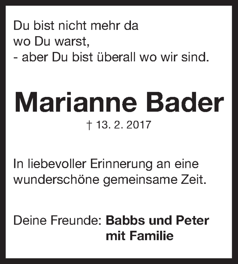  Traueranzeige für Marianne Bader vom 18.02.2017 aus Gesamtausgabe Nürnberger Nachrichten/ Nürnberger Ztg.