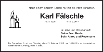 Traueranzeige von Karl Fälschle von Gesamtausgabe Nürnberger Nachrichten/ Nürnberger Ztg.