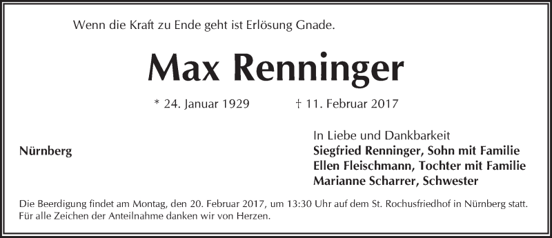  Traueranzeige für Max Renninger vom 15.02.2017 aus Gesamtausgabe Nürnberger Nachrichten/ Nürnberger Ztg.