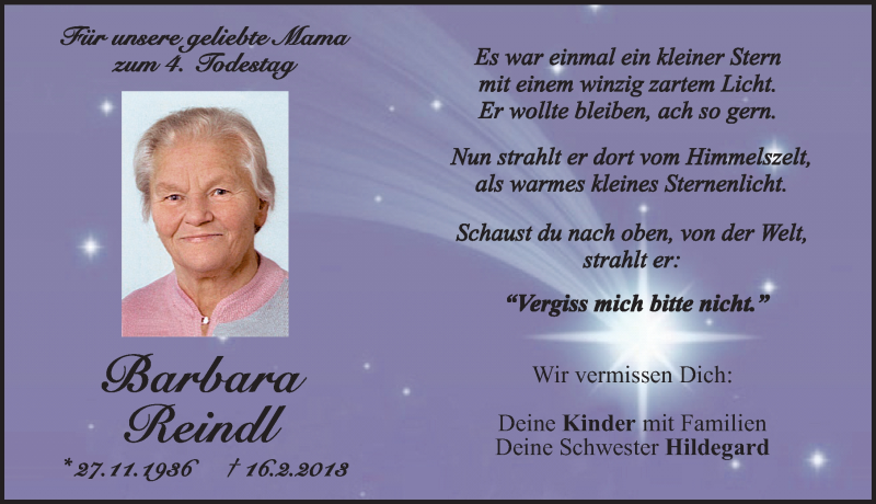  Traueranzeige für Barbara Reindl vom 16.02.2017 aus Neumarkter Nachrichten Lokal