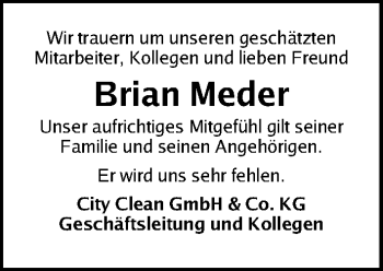 Traueranzeige von Brian Meder von Gesamtausgabe Nürnberger Nachrichten/ Nürnberger Ztg.