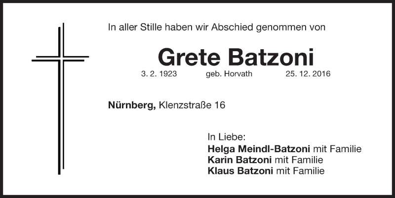  Traueranzeige für Grete Batzoni vom 24.02.2017 aus Nordbayerische Nachrichten Herzogenaurach Lokal
