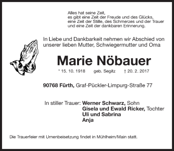 Traueranzeige von Marie Nöbauer von Fürther Nachrichten Lokal