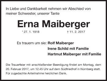 Traueranzeige von Erna Maiberger von Gesamtausgabe Nürnberger Nachrichten/ Nürnberger Ztg.