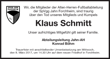 Traueranzeige von Klaus Schmitt von Nordbayerische Nachrichten Forchheim Lokal