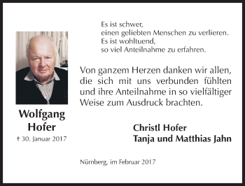 Traueranzeige von Wolfgang Hofer von Gesamtausgabe Nürnberger Nachrichten/ Nürnberger Ztg.
