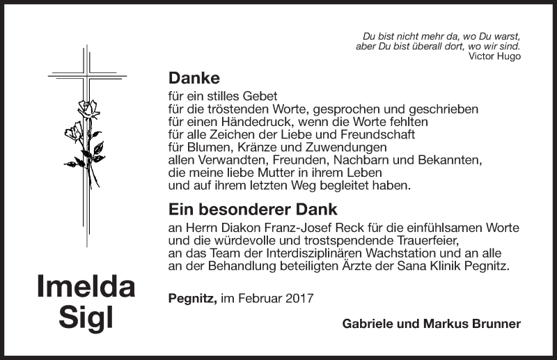  Traueranzeige für Imelda Sigl vom 18.02.2017 aus Nordbayerische Nachrichten Pegnitz Lokal