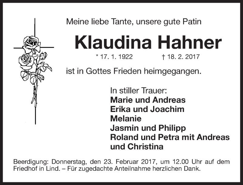  Traueranzeige für Klaudina Hahner vom 20.02.2017 aus Fürther Nachrichten Lokal