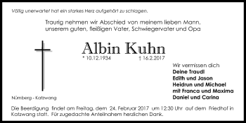 Traueranzeige von Albin Kuhn von Gesamtausgabe Nürnberger Nachrichten/ Nürnberger Ztg.