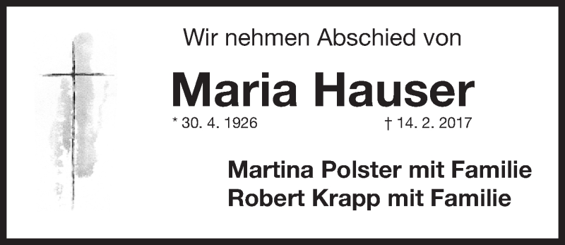  Traueranzeige für Maria Hauser vom 18.02.2017 aus Erlanger Nachrichten Lokal