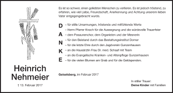 Traueranzeige von Heinrich Nehmeier von Altmühl-Bote Lokal