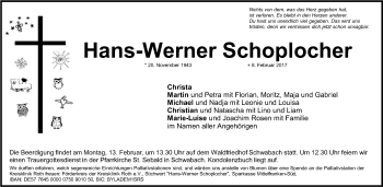 Traueranzeige von Hans-Werner Schoplocher von Schwabach