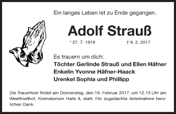 Traueranzeige von Adolf Strauß von Gesamtausgabe Nürnberger Nachrichten/ Nürnberger Ztg.
