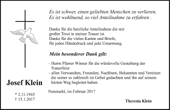 Traueranzeige von Josef Klein von Neumarkter Nachrichten Lokal