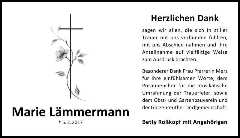  Traueranzeige für Marie Lämmermann vom 18.02.2017 aus Schwabach