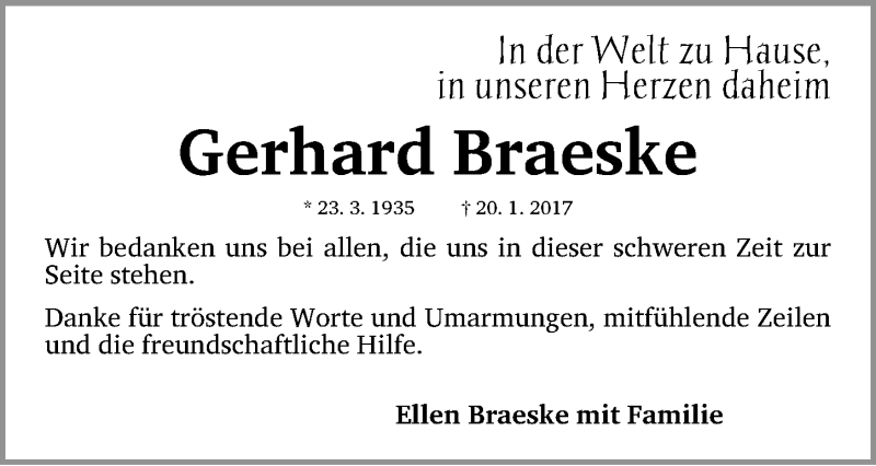  Traueranzeige für Gerhard Braeske vom 11.02.2017 aus Erlanger Nachrichten Lokal