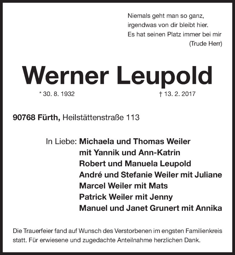  Traueranzeige für Werner Leupold vom 18.02.2017 aus Fürther Nachrichten Lokal