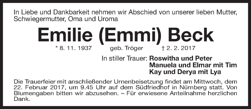  Traueranzeige für Emilie  Beck vom 18.02.2017 aus Gesamtausgabe Nürnberger Nachrichten/ Nürnberger Ztg.