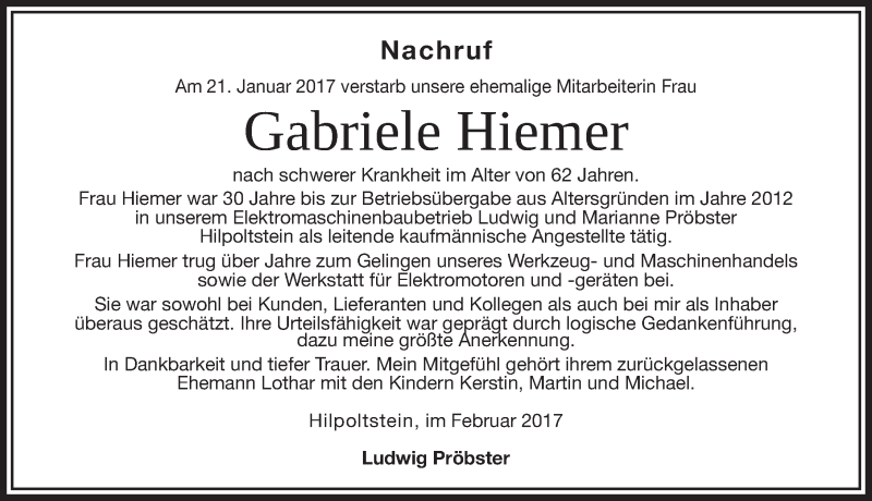 Traueranzeige für Gabriele Hiemer vom 04.02.2017 aus Roth-Hilpoltsteiner Volkszeitung Lokal