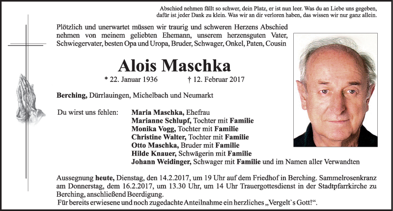  Traueranzeige für Alois Maschka vom 14.02.2017 aus Neumarkter Nachrichten Lokal