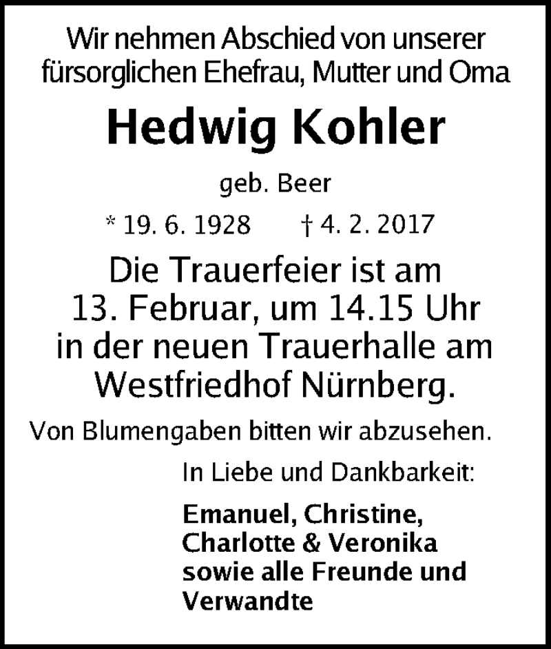  Traueranzeige für Hedwig Kohler vom 09.02.2017 aus Gesamtausgabe Nürnberger Nachrichten/ Nürnberger Ztg./ Nordbayer. Nachrichten Pegnitz