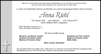 Traueranzeige von Anna Rühl von Gesamtausgabe Nürnberger Nachrichten/ Nürnberger Ztg.