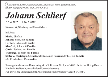 Traueranzeige von Johann Schlierf von Neumarkter Nachrichten Lokal