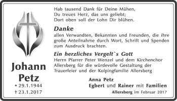 Traueranzeige von Johann Petz von Roth-Hilpoltsteiner Volkszeitung Lokal