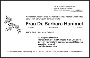 Traueranzeige von Barbara Hammel von Roth-Hilpoltsteiner Volkszeitung Lokal