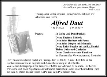 Traueranzeige von Alfred Daut von Nordbayerische Nachrichten Pegnitz Lokal