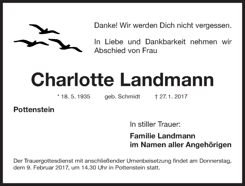  Traueranzeige für Charlotte Landmann vom 07.02.2017 aus Nordbayerische Nachrichten Pegnitz Lokal