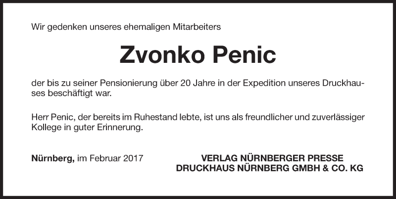  Traueranzeige für Zvonko Penic vom 18.02.2017 aus Gesamtausgabe Nürnberger Nachrichten/ Nürnberger Ztg.