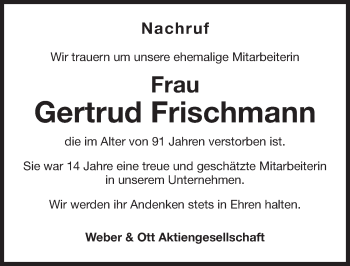 Traueranzeige von Gertrud Frischmann von Nordbayerische Nachrichten Forchheim Lokal