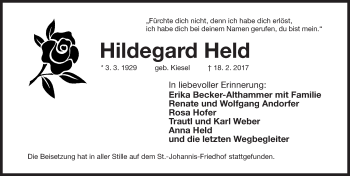 Traueranzeige von Hildegard Held von Gesamtausgabe Nürnberger Nachrichten/ Nürnberger Ztg.