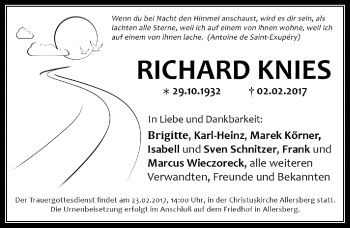 Traueranzeige von Richard Knies von Gesamtausgabe Nürnberger Nachrichten/ Nürnberger Ztg./ Roth-Hilpoltsteiner Volkszeitung