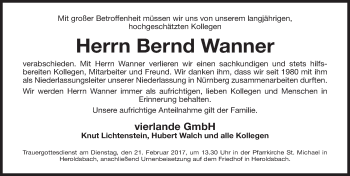 Traueranzeige von Bernd Wanner von Gesamtausgabe Nürnberger Nachrichten/ Nürnberger Ztg.